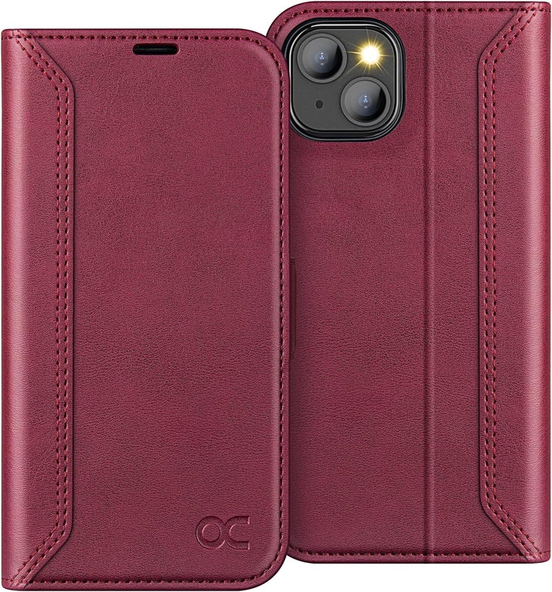 OCASE Retro Series Compatible with iPhone 13 Wallet Case with Card Holders [RFID Blocking][TPU Inner Shell ][Kickstand] PU Leather Flip Folio Shockproof Phone Cover 6.1 inch 2021 (Burgundy) - Image 1
